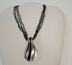 VTG Stunning Striped Teardrop Glass Pendant 4 Strands Glass Tiny Seed Beads 21"